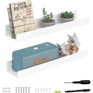18 Inches White Acrylic Wall Display Shelf 2 Pack, Wall Shelves Organizer for Books, Bottles, Small Plants, Picture Frames, Spice, Wine, Décor, Figures
