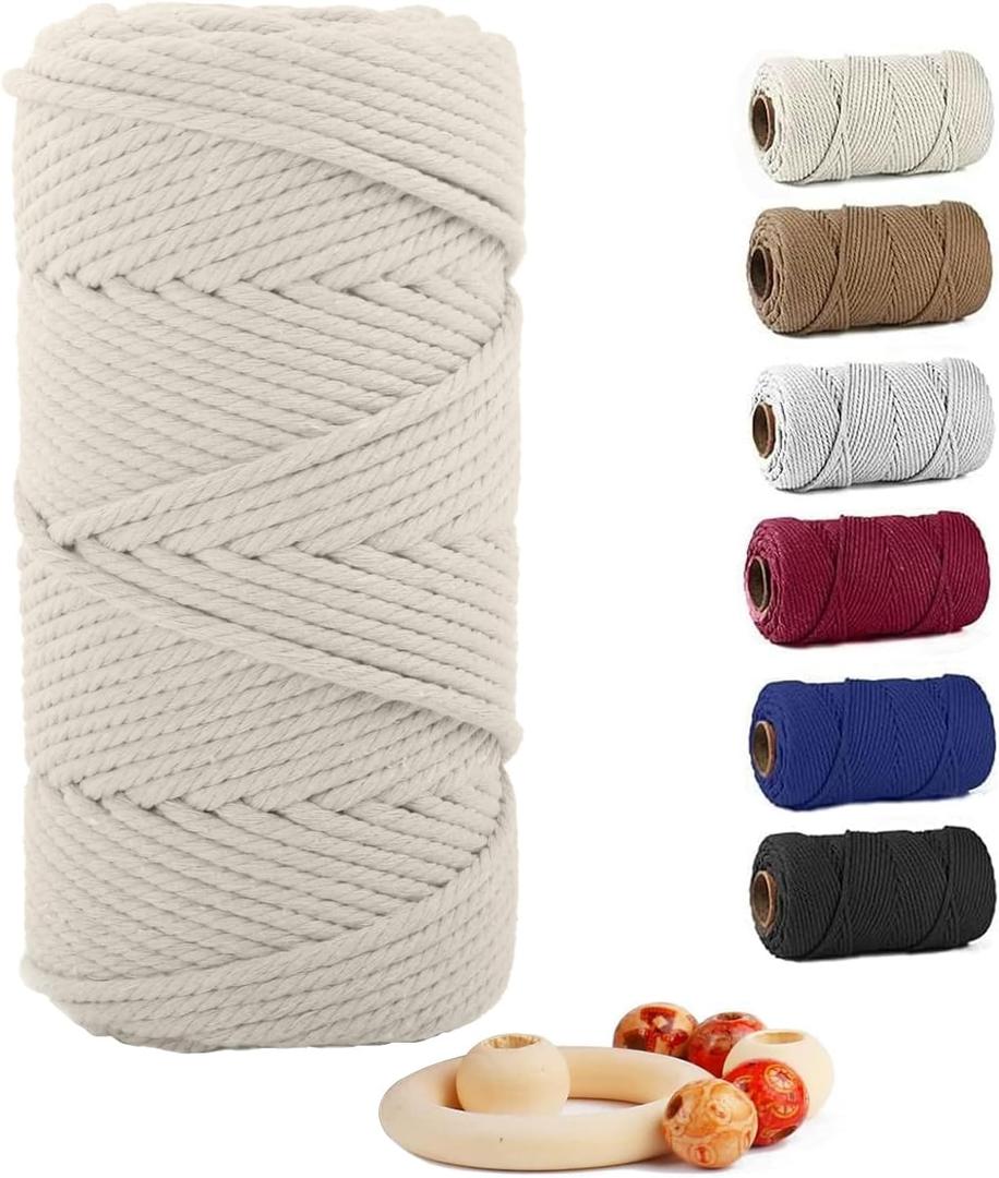 Macrame Cotton Cord 6mm x 109yds, ZUEXT Natural Handmade Beige White Braided Cords 4 Strands Knitted Rope String for Craft Wall Hanging Weaving Tapestry Dream Catchers Hanger DIY Gift (100m)