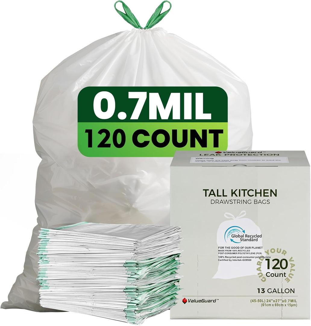 ValueGuard Large Trash Bag 13 Gallon Tall Drawstring 100% Post Consumer Recycled Garbage Bag Waste Bag for Kitchen Office, 120 Count