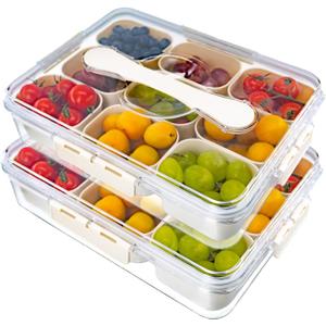 2 PCS Divided Serving Tray with Lid and Handle, 9 Compartments Snacks Box, Snack Box Charcuterie Container for Portable Snack Platters, Fruits, Travel, Party, Picnic