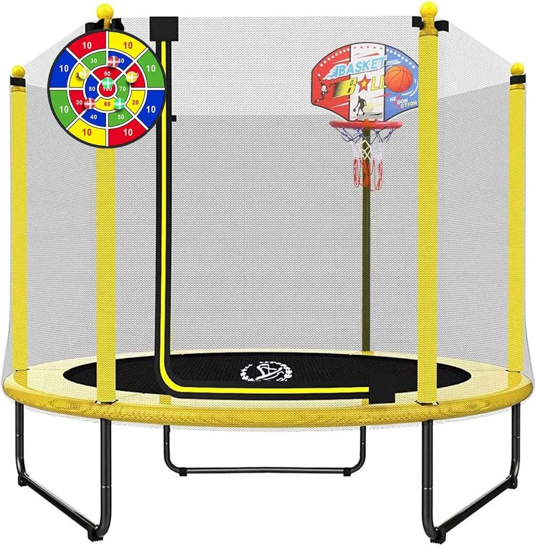 LANGXUN 60" Trampoline for Kids, 5ft Toddler Mini 6-in-1 Trampoline Indoor Outdoor with Swing, Basketball Hoop, Dart Board, Rings, Christmas Toys Birthday Gifts for Girls Boys