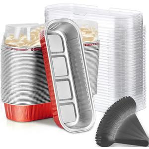 Findful Mini Loaf Baking Pans with Lids and Spoons (50 Pack, 6.8oz) Rectangle Aluminum Foil Baking Pans Tins Containers - Cupcake Containers Wrappers Cheesecake Creme Brulee Ramekins (Red)