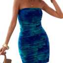 BEAUDRM Women's Tie Dye Strapless Backless Bandeau Pencil Dress Knit Mesh Bodycon Tube Dresses Ruched Mini Dress (Blue, XL)