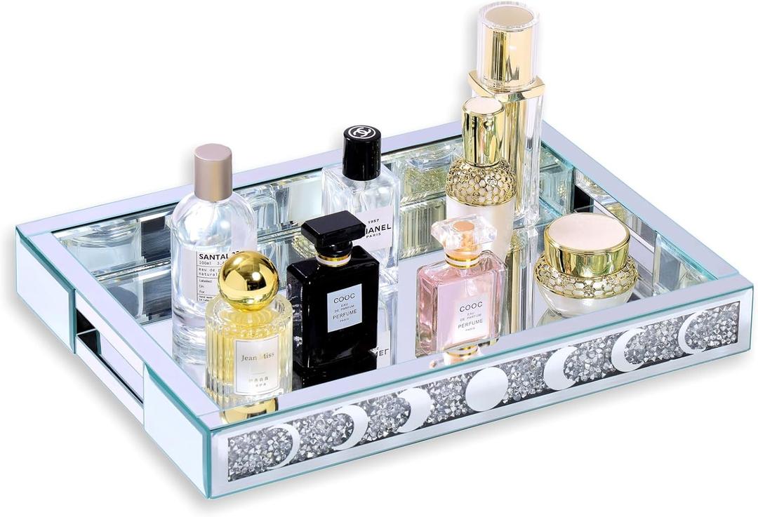 Crush Diamond Mirror Perfume Tray, Silver Glass Mirror Trays for Vanity, Table Trays Decorative, Moon Phase Pattern Vanity Trays for Bedroom Dresser Bathroom(15x11x2)