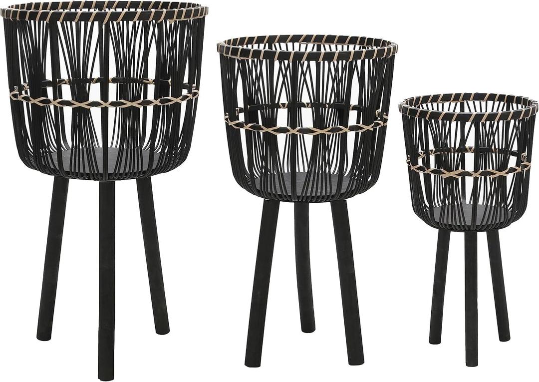 Set of 3 Woven Basket Decorative Planter Pot – Bamboo & Pine Wood Outdoor & Indoor Plant Pot – Modern Boho Garden and Home Decor Planters – 19", 23", & 26", Black