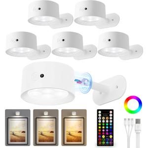 Picture Lights for Wall, 2000mAh Rechargeable Magnetic Art Lights with 3 Color Temps & RGB, Remote Dimmable Battery Operated Wall Light for Bedroom, Living Room, Gallery (White, 6 Pack)
