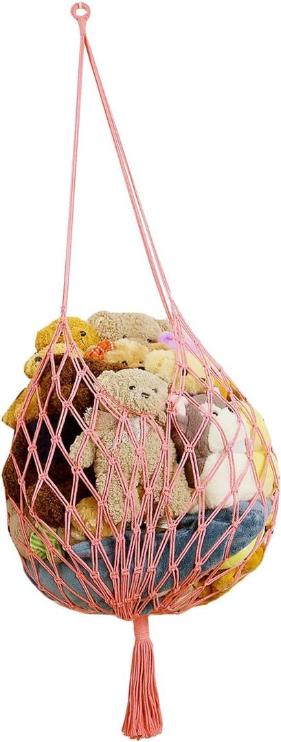 Amdermi Stuffed Animal Storage Hammock Corner Hanging Net Stuffy Animal Hammock Macrame Toy Display Plush Toy Holder for Kid Bedroom Decor Boho Nursery Playroom Organizer (pink)