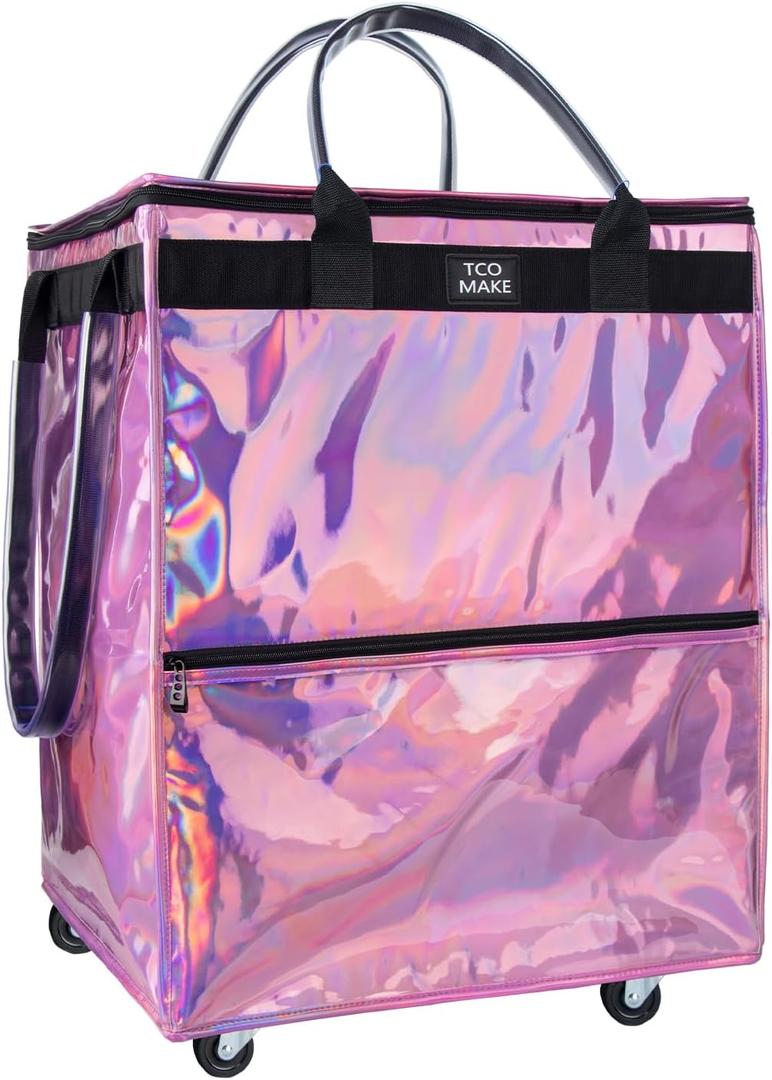 Large Phantom Pink Reusable Grocery Bag on Wheels, Folding Rolling Tote