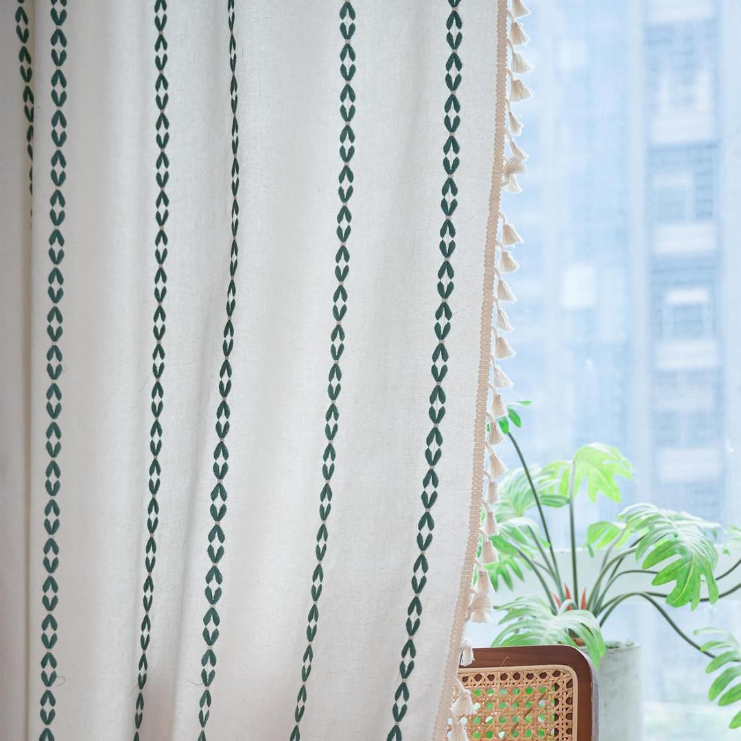 Deeprove Emerald Green Boho Curtains 84 inches Long for Bedroom, Vintage Bohemian Embroidery Farmhouse Cotton Striped Linen Country Tassel Window Treatments Christmas Decor, W52 x L84, 1 Panel