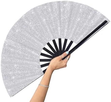 GeGeYa Large Folding Fan-Hand Fan Popping Fan for Line Dancing Clacking Fans for Boots On The Ground Dance, Party,Outdoor,Decoration (Silver Glitter) set of 3
