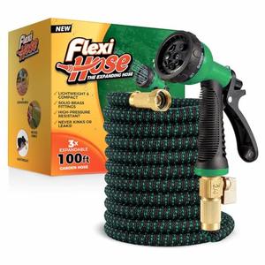 Flexi Hose with 8 Function Nozzle, 100FT - Lightweight Expandable Garden Hose, No-Kink Flexibility, 3/4 Inch Solid Brass Fittings and Double Latex Core - Green