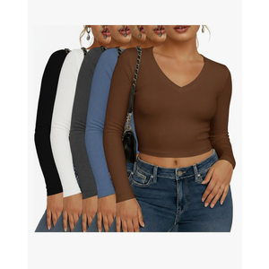 5 Pack Womens Long Sleeve Shirts V Neck Ribbed Slim Fitted Basic Crop Tops Fall Fashion 2025 Going Out Y2k Tops M