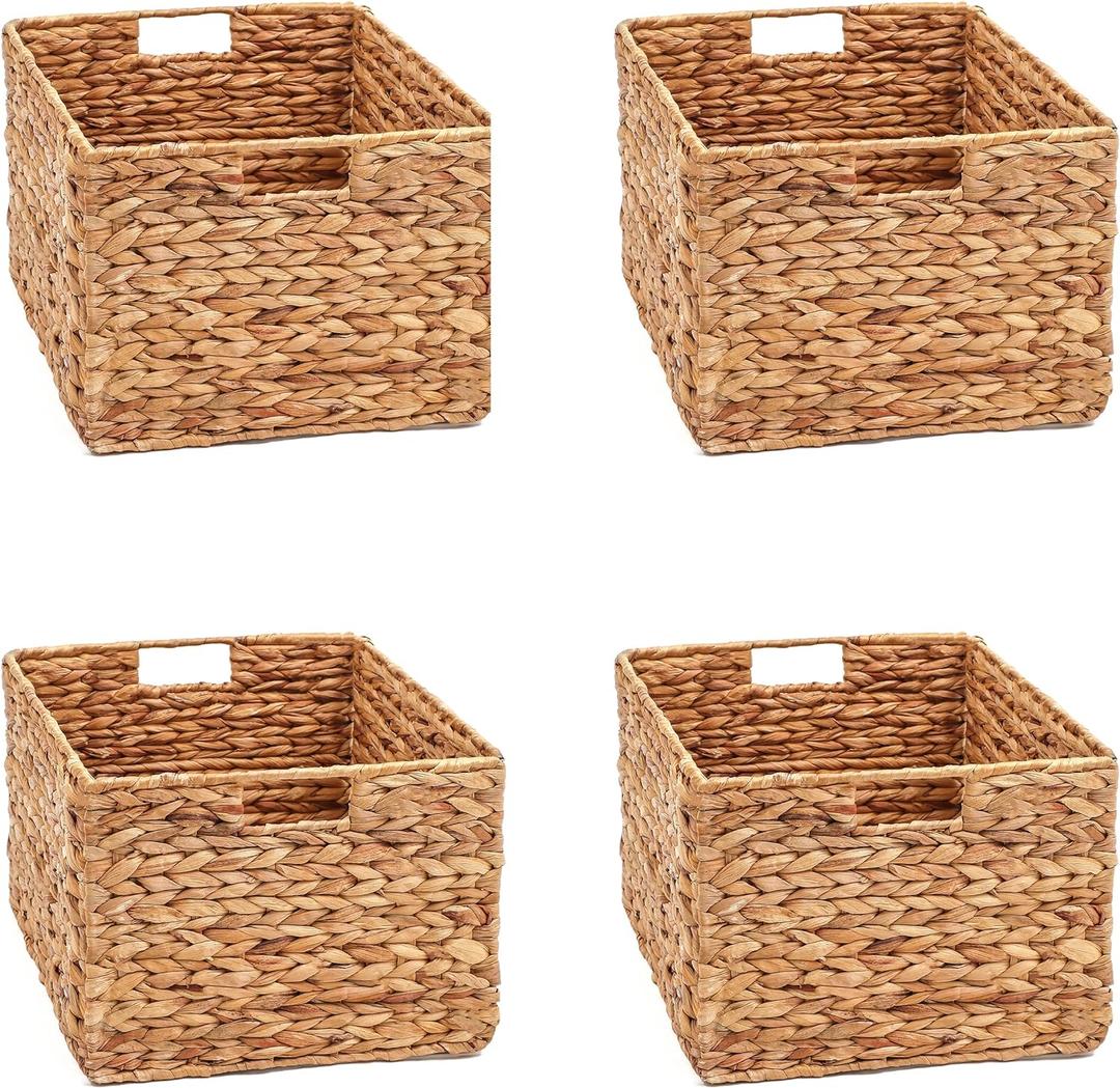 Trademark Innovations Large Foldable Rectangle Woven Wicker Basket Bins for Storage (Set of 4)