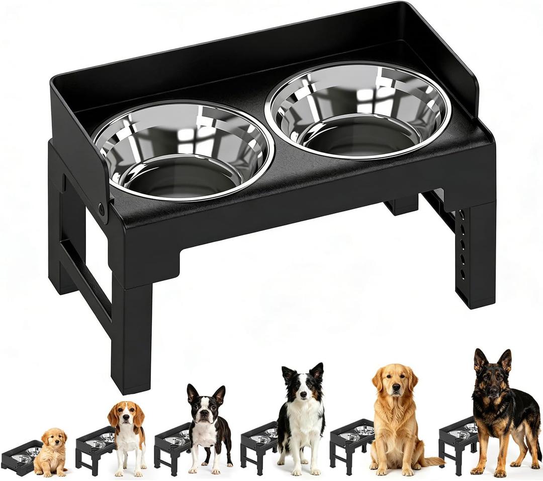 PAKEWAY Elevated Dog Bowls, Spill Proof, Tiltable Dog Feeder with 2 Stainless Steel Bowls, 6 Height Adjustable Raised Bowl