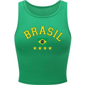 SweatyRocks Women's Brazil Letter Graphic Crop Tops Slim Fit Ribbed Knit Casual Tank Top (Medium, Green)