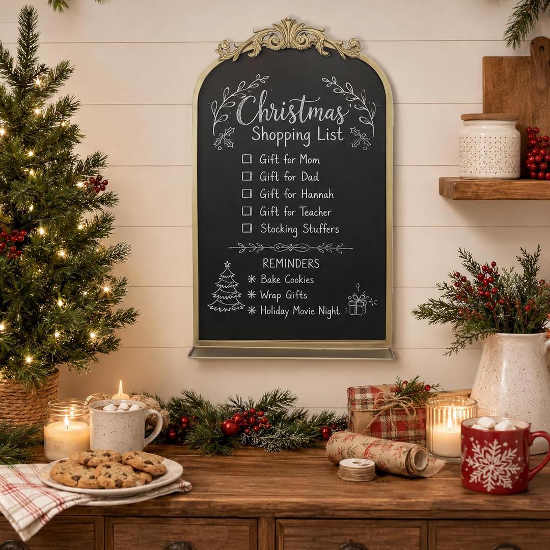 Vintage Magnetic Arch Blackboard with Shelf - 19"x31" Decorative Wall Mounted Ornate Gold Framed Board with Accessories, Clips & Cloth - Elegant Wedding Sign & Kitchen Menu Home Decor