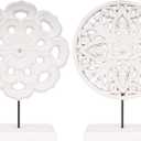 AXEARTE 2 Pack Wooden Carved Cutout Flower Medallion Sculpture, Rustic Distressed White MDF Statues Home Tabletop Decor, Decorative Ornaments for Living Room, Bedroom, Office Desktop, Cabinets