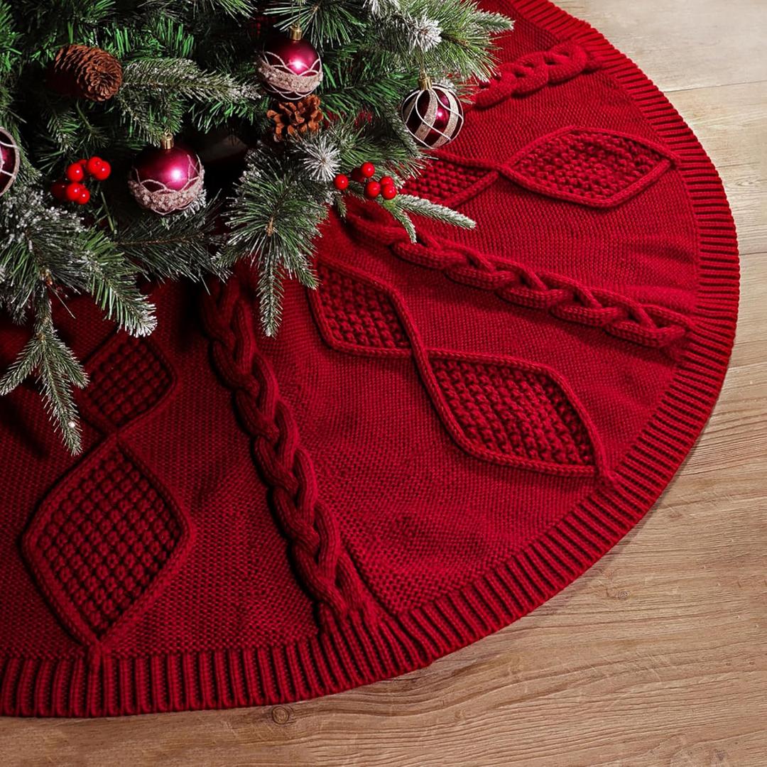 48 Inch Christmas Tree Skirt: Diamond Braided Cable Knit Tree Skirt for 7.5FT Tree, Wine Red Tree Skirt, Vintage Tree Skirts, Rustic Farmhouse Christmas Decorations