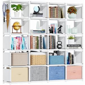 Mavivegue Book Shelf, 20 Cube Storage Organizer, DIY Bookcase, Metal Cube Bookshelf, Tall Book case for Bedroom, Living Room, Office, Closet Storage Organizer, Black Cubicle Storage Rack-White