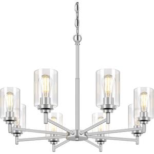33.5'' 8-Light Chandelier for Dining Room Kitchen Island, Modern Farmhouse Pendant Lighting with Glass Shades Industrial Brushed Nickel Hanging Ceiling Light Fixture for Living Room, Height Adjustable