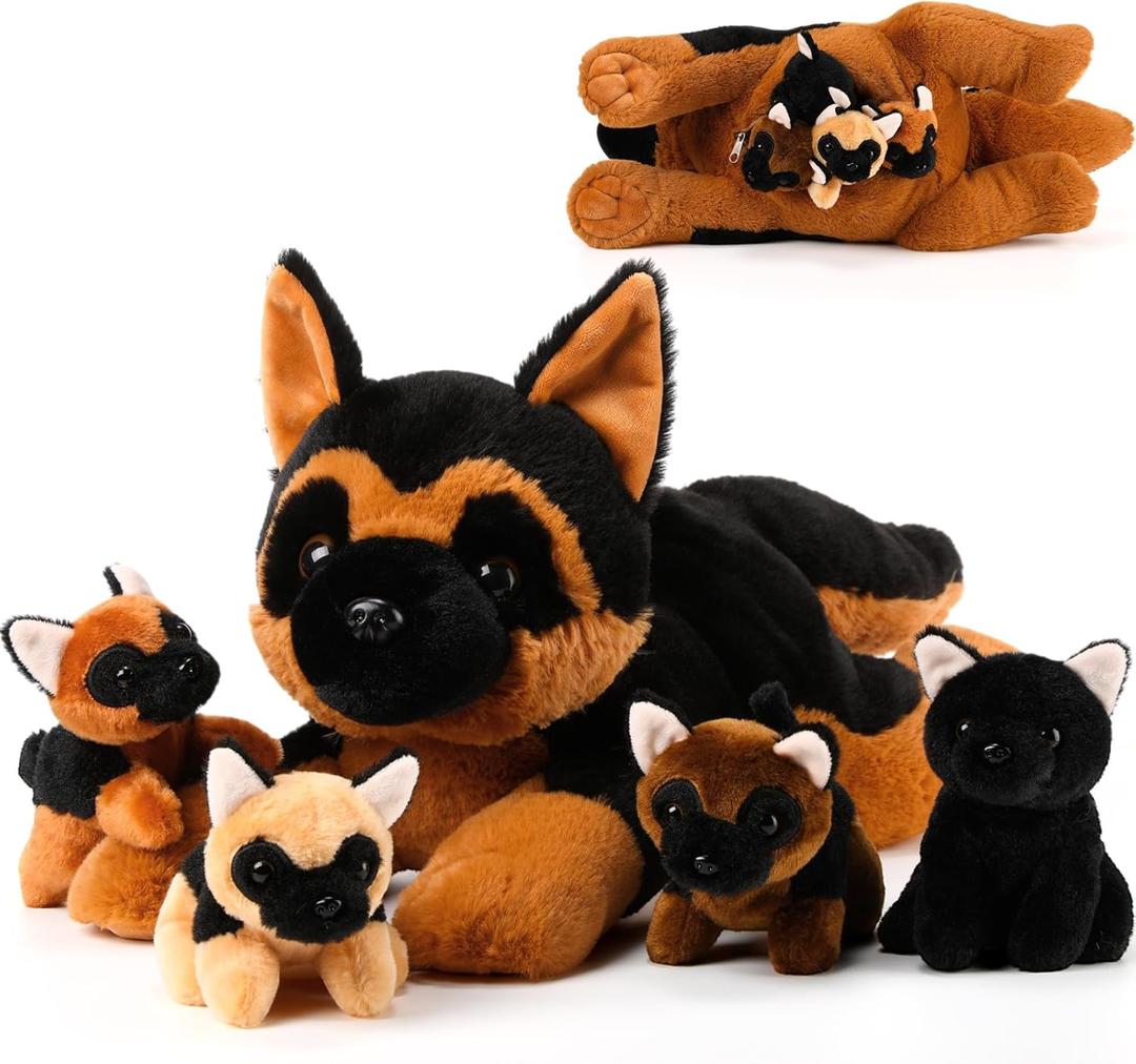 Skylety 5 Pcs Dog Stuffed Animal Operation Christmas Puppy Stuffed with Babies Inside 1 Big Mommy with 4 Mini Baby Cute Soft Toy for Children Birthday Party Adopt a Puppy Favor(German Shepherd)