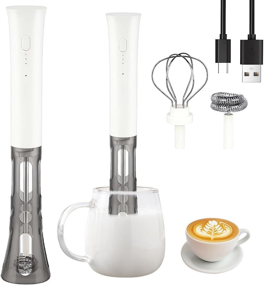Rechargeable Milk Frother, 3-Speed Silent Electric Whisk with 2 Heads (Balloon & Flat), USB-C Fast Charging, Hands-Free for Latte, Cappuccino, Hot Chocolate, Eggs (800mAh Battery)