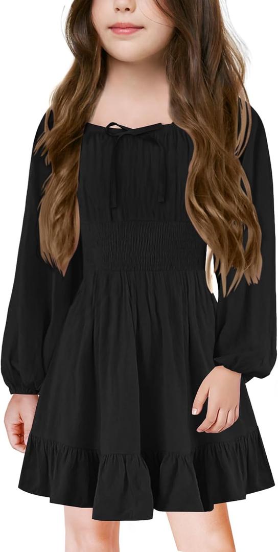 Girls Long Sleeve Square Neck Casual Boho Smocked Short Dresses 5-14 Years (10-12 Years, Black)