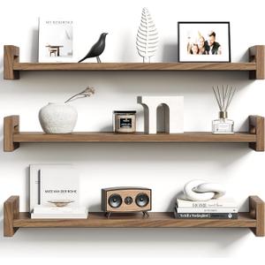 Upgraded Floating Shelves for Wall, Set of 3 Solid Wood Wall Mounted Shelves, 23.6" Rustic Walnut Display Shelf for Bedroom, Living Room, Bathroom, and Kitchen Decor - Heavy-Duty & Natural Pine