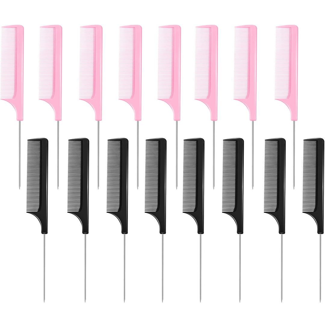 16 Pcs Rat Tail Comb Parting Rattail Comb Foiling Steel Pin Fine Tooth Fiber Heat Resistant Teasing Pintail Combs Women(Black and Pink)