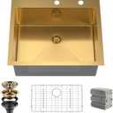 Drop In Kitchen Sink 27 Inch Gold Top Mount Sink 16 Gauge Stainless Steel 2-Hole Deep Single Bowl Kitchen Sinks 27"X22"X10"