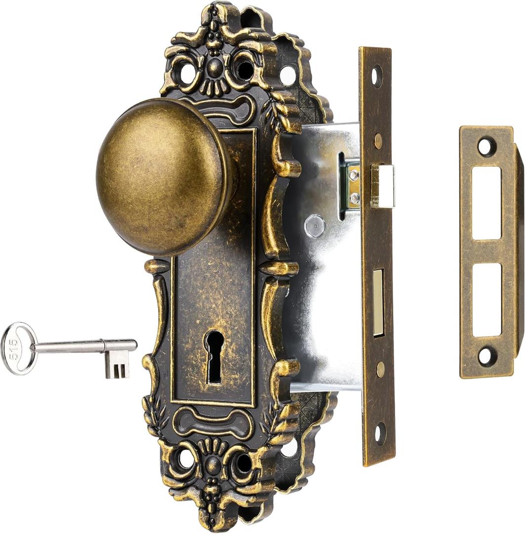 Mortise Lock Set for Interior Door, Antique Brass Door Knob with Lock and Skeleton Key, Antique Old Style Door Knob Lock Replacement, Vintage Mortise Door Knobs for Interior Doors