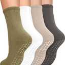 yeuG 4 Pairs Non Slip Pilates Socks with Grips for Women, Crew Grip Socks for Yoga, Barre, Hospital, Barefoot Workout (Small-Medium, C01-dark Grey/Beige/Army Green/White)