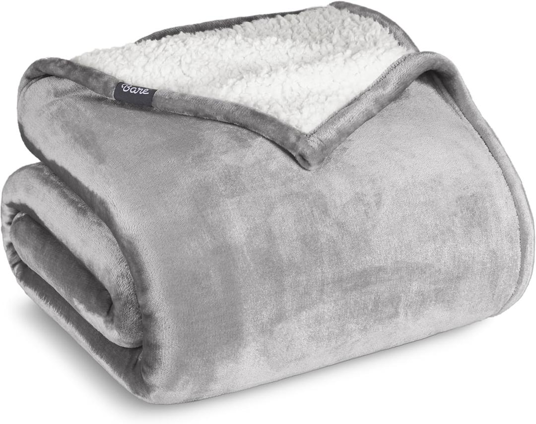 Bare Home Sherpa Fleece Blanket - Full/Queen Size - Blanket for Bed, Sofa, and Couch - Warm & Lightweight - Fluffy & Soft - Reversible (Full/Queen, Light Grey)