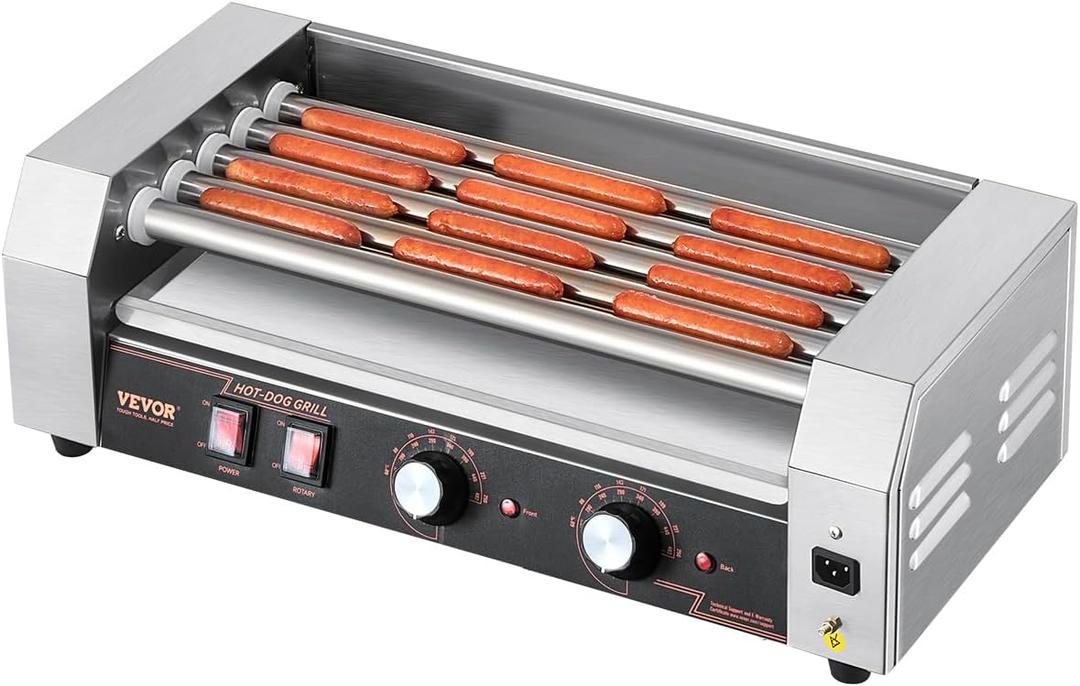VEVOR Hot Dog Roller, 12 Hot Dog 5 Rollers, Stainless Steel Sausage Grill Cooker, 750W Hot Dog Machine with Dual Temp Control, Removable Oil Drip Tray, for Party Home Commercial