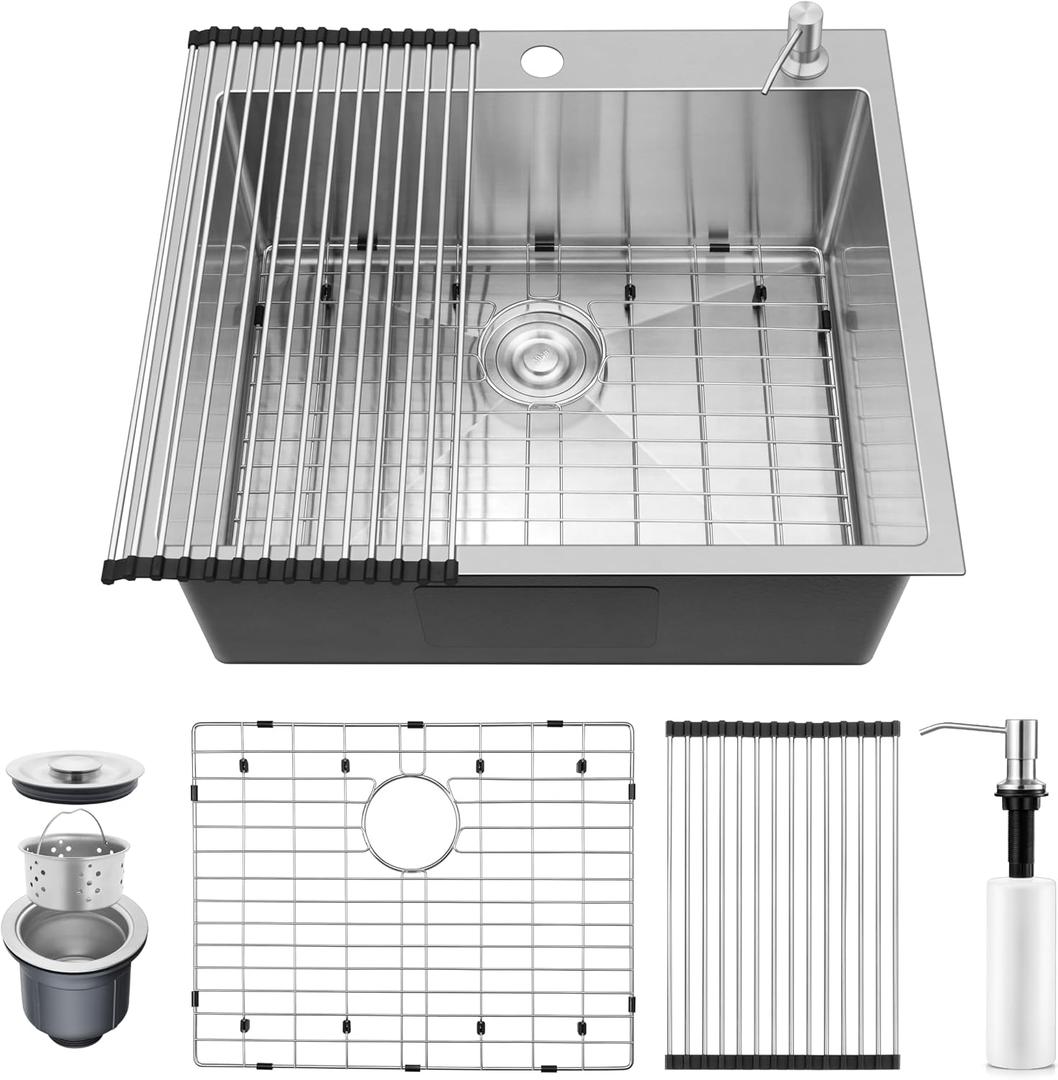 Onader 25x22 Inch Drop In Kitchen Sink, 16 Gauge Stainless Steel Brushed Nickel Single Bowl, Modern Kitchen Sink with Accessories, 10 Inch Deep, 25x22x10 Inch