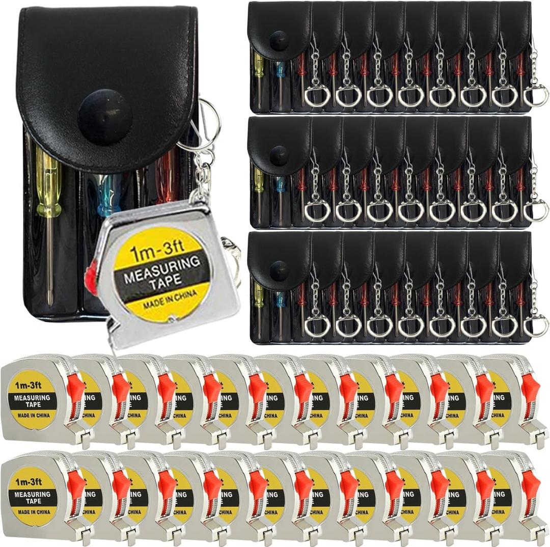 72 Pcs Mini Screwdriver Keychain Tape Measure Keychains Set Retractable Keychain Tape Measure Mini Screwdrivers in Pouch Keychain for Birthday Party Favors and Daily Use, 1 m/ 3 ft