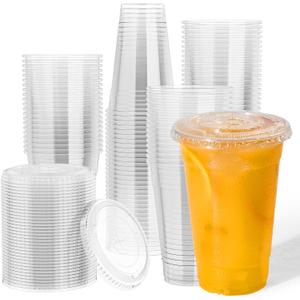 JOLLY CHEF 500 Pack 20 oz Clear Plastic Cups with Flat Lids, Disposable Iced Coffee Cups, Premium Crystal Smoothie Cup for Party, Cold Drinks, Juice, Wedding, Christmas, Birthday, Halloween, Party