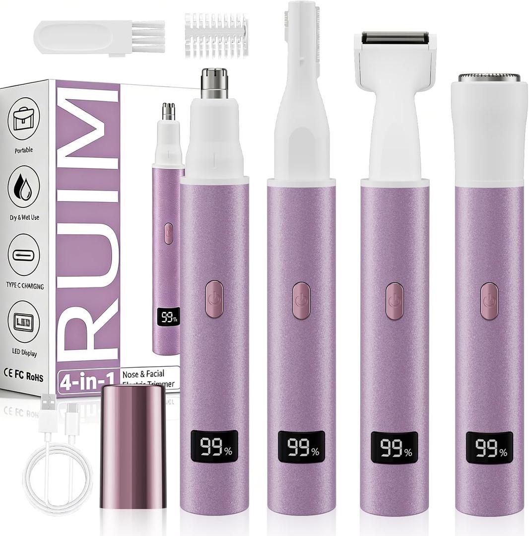 RUIM Electric Nose Hair Trimmer for Women, 4-in-1 Painless Facial Grooming Kit with Eyebrow Trimmer, Nose & Ear Trimmer, Facial Shaver - USB-C Rechargeable, Waterproof, LED Display (Purple)