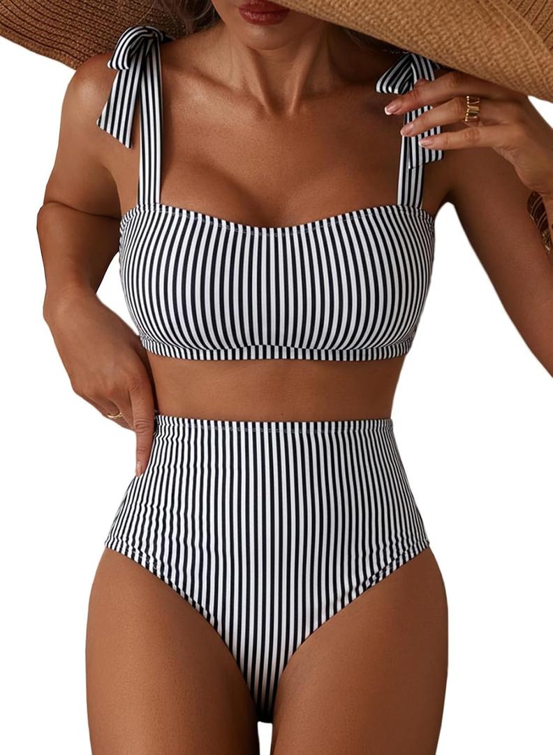 Herseas Women's Black Striped 2 Piece Bikini Sets Adjustable Tie Shoulder Push Up Swim Suits 2026 Summer High Waisted Ladies Bathing Suit Casual Resort Outfits Small
