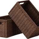 UBBCARE 2 Pack Wicker Basket, 13.4L8.3H7.1W inch Woven Paper Rope Storage Baskets for shelves, Foldable Rectangular Storage Baskets with Handle, Storage Basket for Organizing, Dark Brown