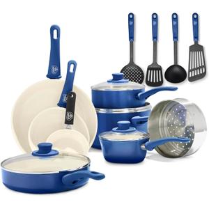 GreenLife Soft Grip 16 Piece Cookware Set, Non-Toxic PFAS-Free Ceramic Nonstick, Frying, Sauce, Saute, Utensils, Glass Lids, Stay-Cool Handles, Wobble Free, Dishwasher & Oven Safe, Blue