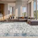 Rugxara 10x14 Extra Large Washable Area Rug, Soft Neutral Vintage Boho Rug for Living Room, Bedroom, Office, Farmhouse, Low Pile Imitation Wool Non Slip Carpet Ideal for High-Traffic Areas, Blue Grey