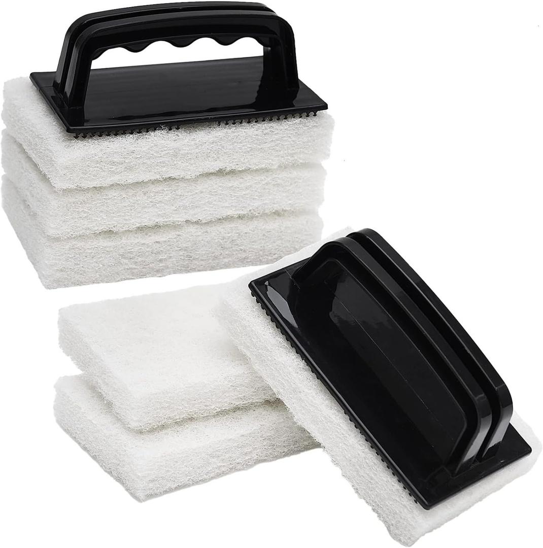 YoleShy Handled Scrubber Set, Non-Scratch Bathroom Scrubbing Pads, Bathtub Scrubber with Handle, Reusable Cleaning Sponge for Shower Tile, Bathtube, Sink, Spas Tubs & Swimming Pool Step (Black)
