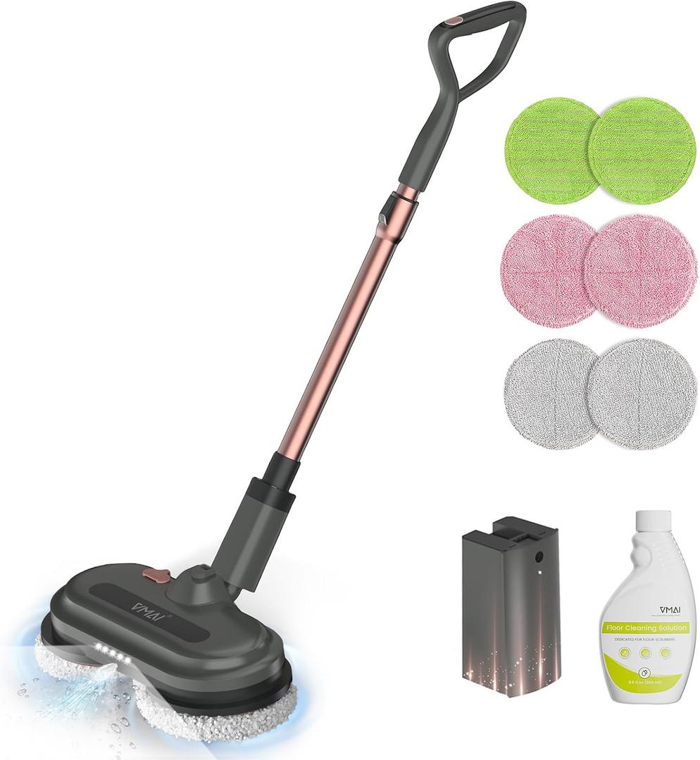 Cordless Electric Mop, Electric Floor Cleaner with Water Sprayer & LED Headlights, Up to 60 mins Lasting Time, Powerful Spin Mop with Extendable Tube, Self-Propelled, Floor Cleaning Solution included