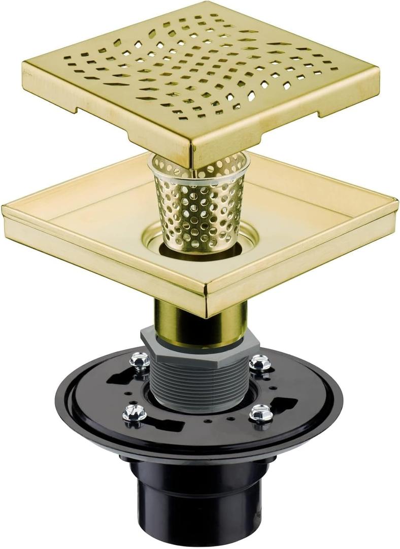 Gold Brushed Shower Drain with Flange, HIDROP SUS 304 Stainless Steel 6 inch Square Shower Floor Drain with Removable Hair Strainer