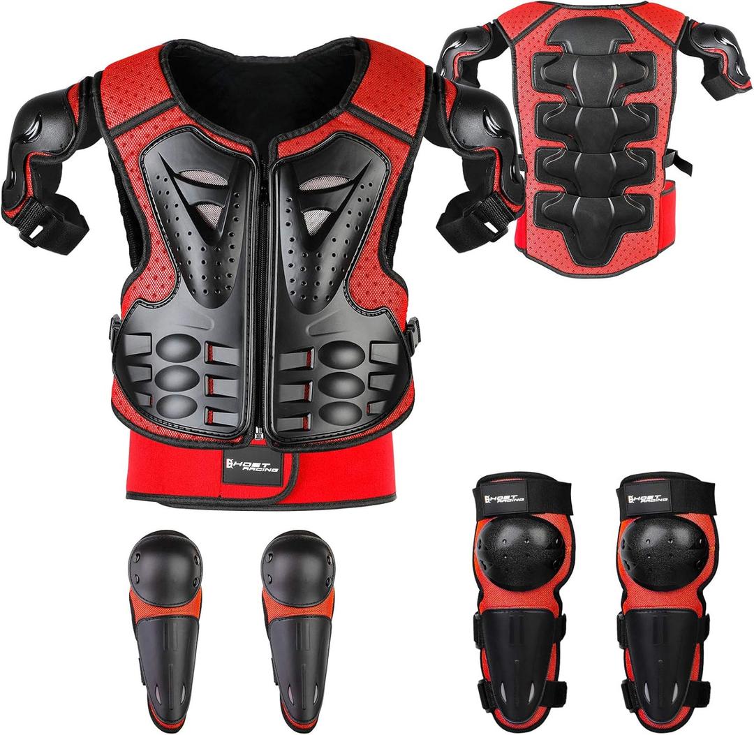 Youth Dirt Bike Gear, JUSTDOLIFE 5 PCS Motorcycle Armor Protection Jacket, Kids Motorcycle Armor with Knee Pads Elbow Pads Chest Protector Racing for Outdoor Sports (Red), One Size