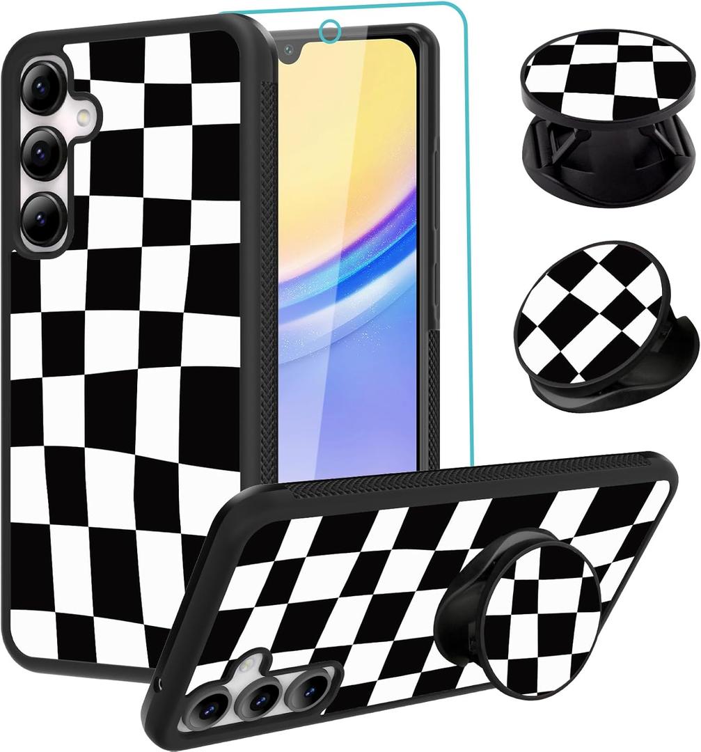 SAKUULO Compatible with Samsung Galaxy A15 5G Case, [Screen Protector + Kickstand] Black Plaid Checkered Aesthetic Cute Design,Tire Texture Anti-Slip Shockproof Ultra Thin Protective Case 6.5inch