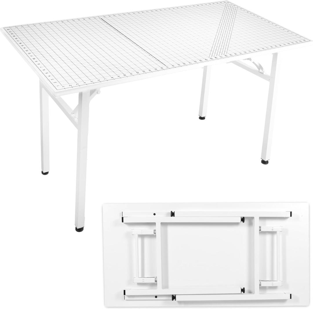 Crutello Fabric Cutting Table for Sewing Room - 48x24 inch Grid Top Folding Craft Table for Adults - Steel Folding Storage Legs for Sewing Machine, Hobby and Crafting Room
