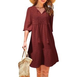 Dokotoo Womens Dresses Summer V Neck Drawstring Embroidered Half Sleeve Mini Dress Boho Dresses for Women 2026 Sundresses (Red, L)