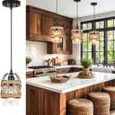 Black Farmhouse Boho Kitchen Island Pendant Light,Hand-Woven Rattan Pendant Lighting with Metal Cage Clear Glass Shade,Coastal Wicker Small Hanging Light Fixture Bedroom Dining Room Decor